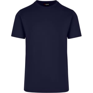 A navy blue unisex t-shirt with short sleeves and a logo tag at the neckline.