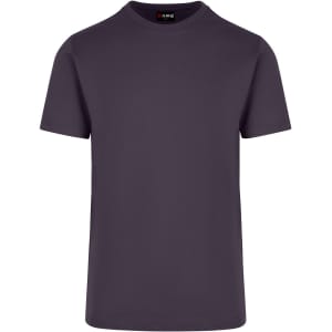 A unisex American style t-shirt in dark grey with a logo on the neck label.