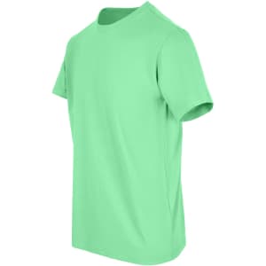 A green unisex t-shirt with short sleeves, featuring a simple design and a logo.