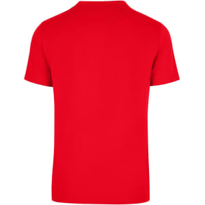 A red unisex American style t-shirt, featuring a plain design with short sleeves and a logo on the back.