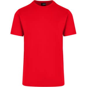 A red unisex American style t-shirt with a crew neck and short sleeves. Features a branded label.