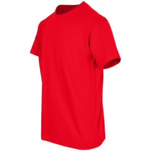 A red unisex American style t-shirt with short sleeves and a crew neckline. It features a logo.