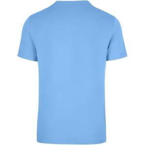 A blue unisex t-shirt with short sleeves and a plain back, featuring a logo.