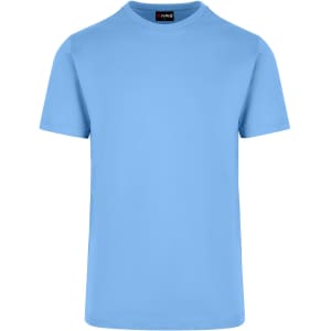 A light blue unisex American style t-shirt with a round neckline and short sleeves, featuring a logo on the tag.