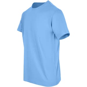 A blue unisex American style t-shirt, featuring a classic crew neck and short sleeves. The shirt has a logo on it.