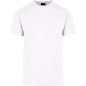 A plain white unisex t-shirt with short sleeves and a logo on the neckline.
