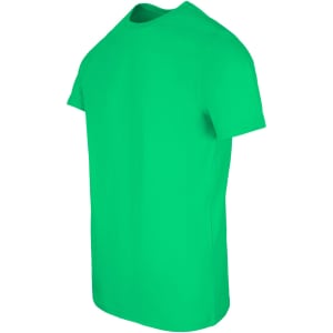A green men's slim fit t-shirt with a plain design and short sleeves, featuring a branding logo.