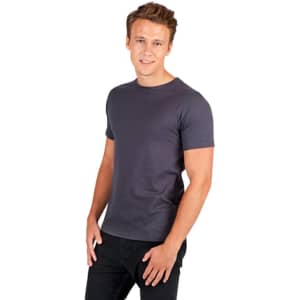 A men's slim fit t-shirt in dark grey, featuring a simple design and a logo on the front.