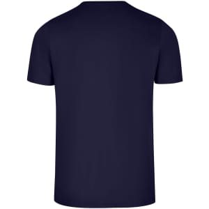 A navy blue men's slim fit T-shirt with a plain back view and short sleeves. It features a logo.