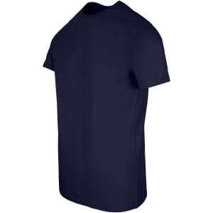 A navy blue men's slim fit T-shirt displayed from the side, featuring a simple design and no visible logos.