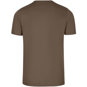 A brown men's slim fit T-shirt featuring short sleeves and a simple design, with a logo on the back.