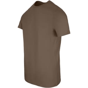 A brown men's slim fit T-shirt displayed at an angle, featuring short sleeves and a simple design.