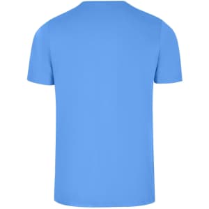 A blue men's slim fit T-shirt with a round neckline and short sleeves. It features a logo on the back.