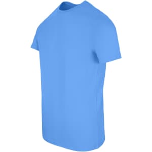 A blue men's slim fit T-shirt with a round neckline and short sleeves, featuring a logo on the front.