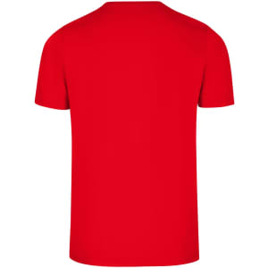 A red men's slim fit T-shirt, featuring a seamless design and a logo on the back.