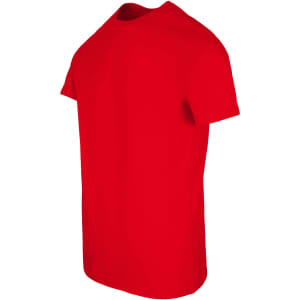 A red men's slim fit T-shirt with a round neck and short sleeves, featuring a logo.