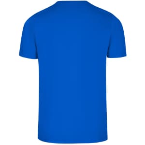 A blue men's slim fit T-shirt with a crew neckline and a simple design on the back.