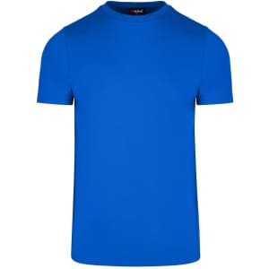 A blue men's slim fit T-shirt with a round neck and short sleeves. The shirt features a branding logo.