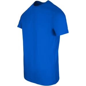 A blue men's slim fit T-shirt with short sleeves and a round neckline, featuring a logo on the chest.