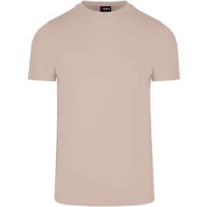 A beige men's slim fit T-shirt with a round neckline and short sleeves. It features a logo on the tag.