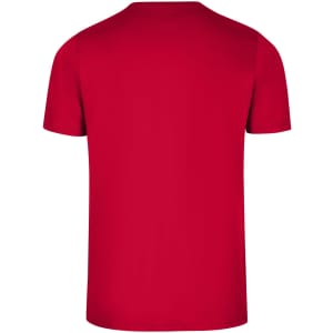 A red men's slim fit T-shirt with a plain back and a crew neckline, featuring a logo.