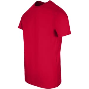 A bright red men's slim fit T-shirt displayed at an angle, featuring a round neck and short sleeves.