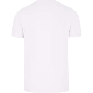 A white men's slim fit T-shirt with short sleeves and a plain back design. It features a logo.