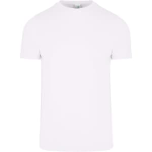 A plain white men's slim fit T-shirt with short sleeves and a logo on the label.