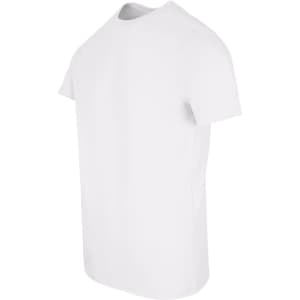 A plain white men's slim fit T-shirt, featuring short sleeves and a round neckline, with a logo on the side.