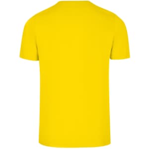 A yellow men's slim fit T-shirt with a round neckline and short sleeves, featuring a small logo on the back.