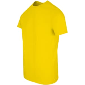 A bright yellow men's slim fit T-shirt displayed at an angle. The shirt has a clean design and features a logo.