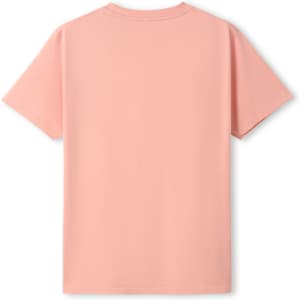 A pink unisex Earth Care T-shirt with short sleeves and a plain back, featuring a logo.