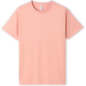 A light pink unisex T-shirt with short sleeves and a round neckline. It features a logo on the label.