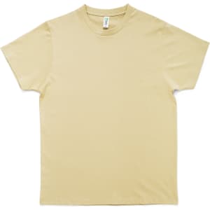 A beige Earth Care T-shirt with short sleeves and a crew neckline, featuring a logo.