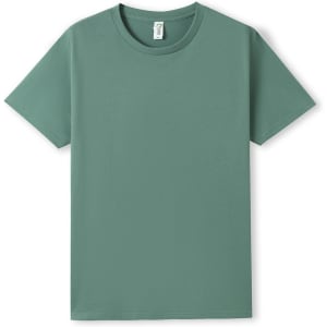 A unisex earth care T-shirt in a soft green colour, featuring a logo on the tag. Short sleeves and a classic fit.