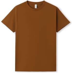 A brown unisex Earth Care T-shirt with a round neckline and short sleeves, featuring a logo.