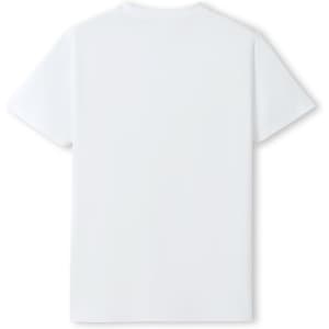 A plain white unisex T-shirt with short sleeves, featuring a logo on the back.