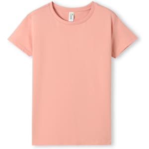 A women's short-sleeve T-shirt in a soft pink colour, with a simple design and a label at the neckline.