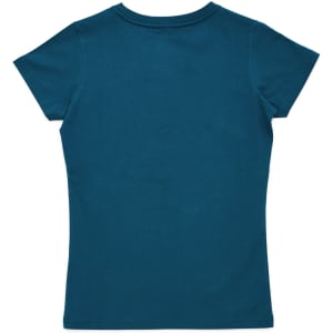 A teal women's T-shirt with a fitted design and short sleeves, featuring a logo on the back.