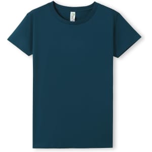 A teal women's T-shirt with a classic crew neck and short sleeves, featuring a simple design and a tag inside.