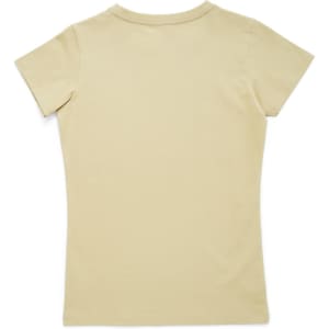 A light beige women's T-shirt with short sleeves, featuring a plain design on the back. It has a logo.