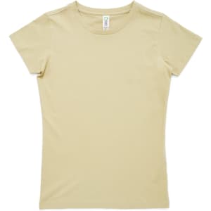 A women's fitted t-shirt in a light beige colour, featuring short sleeves and a round neckline. It has a logo on the label.