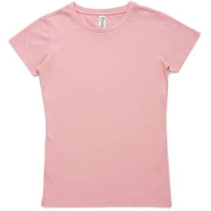 A pink women's T-shirt with a fitted design, featuring a logo on the label.