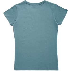 A teal women's T-shirt with a fitted design and short sleeves, featuring branding on the back.