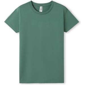 A green Women's Earth Care T-shirt with a simple design and a crew neck, featuring a logo on the label.