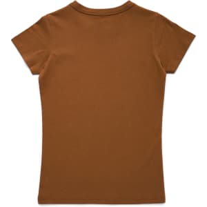 A brown women's T-shirt with a fitted design and short sleeves, featuring a logo on the back.