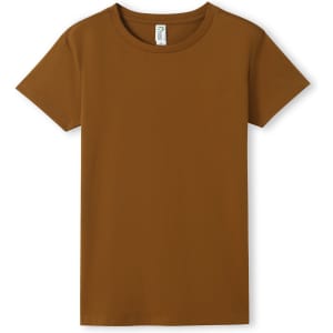 A brown women's T-shirt with short sleeves and a round neckline, featuring a branding label inside.