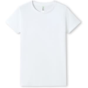 A white women's T-shirt with short sleeves and a round neckline, featuring a branding label.