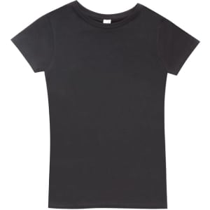 A black women's organic cotton T-shirt with short sleeves and a round neckline. It features a logo on the label.
