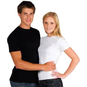 A black and a white women's organic cotton T-shirt displayed on a model and a male model. Both shirts feature logos.